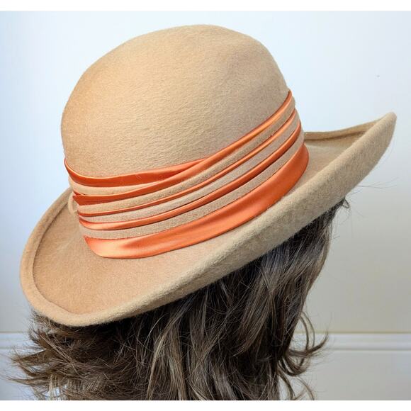 Vintage 1960s Sylvia Bollman Excello Wool Hat Camel w/ Orange Satin Band USA - Picture 8 of 13